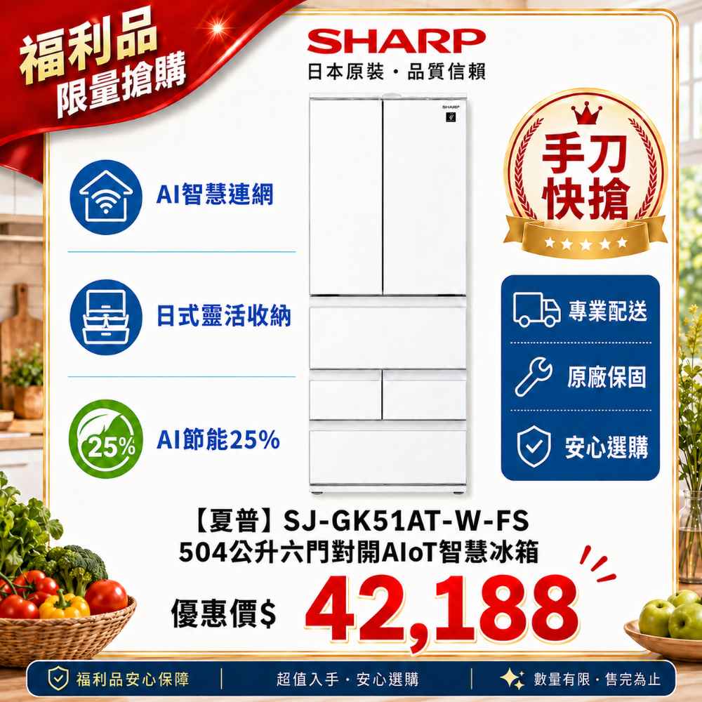 限量福利品【夏普】504Ｌ六門AIoT冰箱 SJ-GK51AT-W-FS
