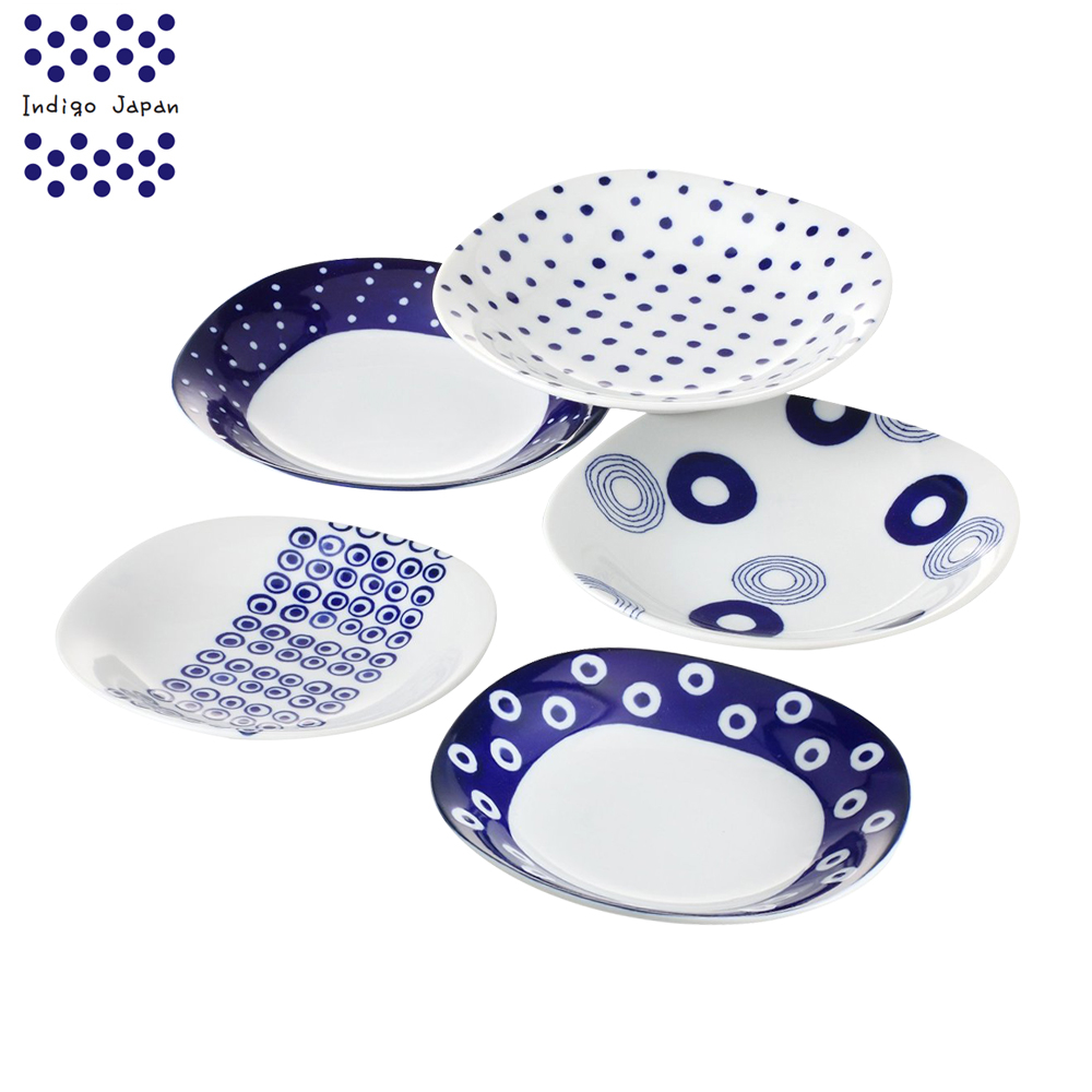 【西海陶器】日本輕量瓷美濃燒五入多用湯盤組-藍丸紋