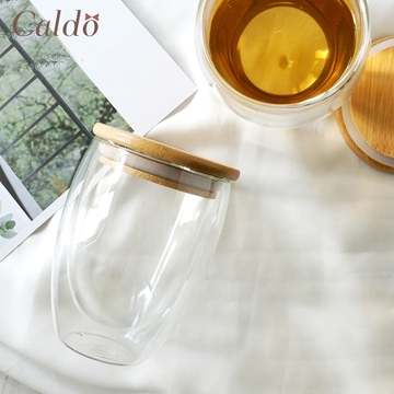 Caldo卡朵生活 萃時尚雙層隔熱附竹蓋玻璃杯 350ML