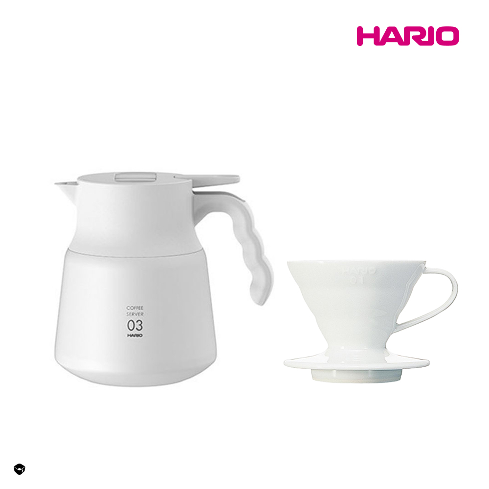 HARIO 純白系列 V60白色01磁石濾杯 不鏽鋼保溫咖啡壺白PLUS 800