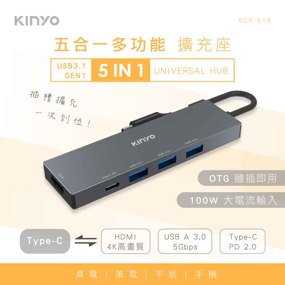 【KINYO】五合一多功能擴充座 KCR-516