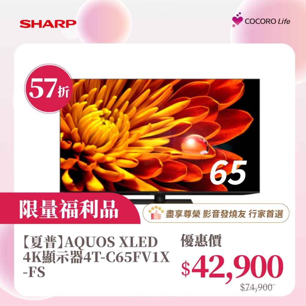 限量福利品【夏普】AQUOS XLED 4K顯示器4T-C65FV1X-FS